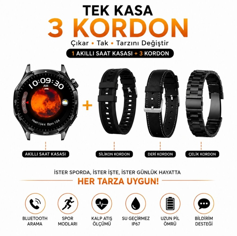 Silikon, deri ve metal olmak üzere üç değiştirilebilir kordonlu akıllı saat.