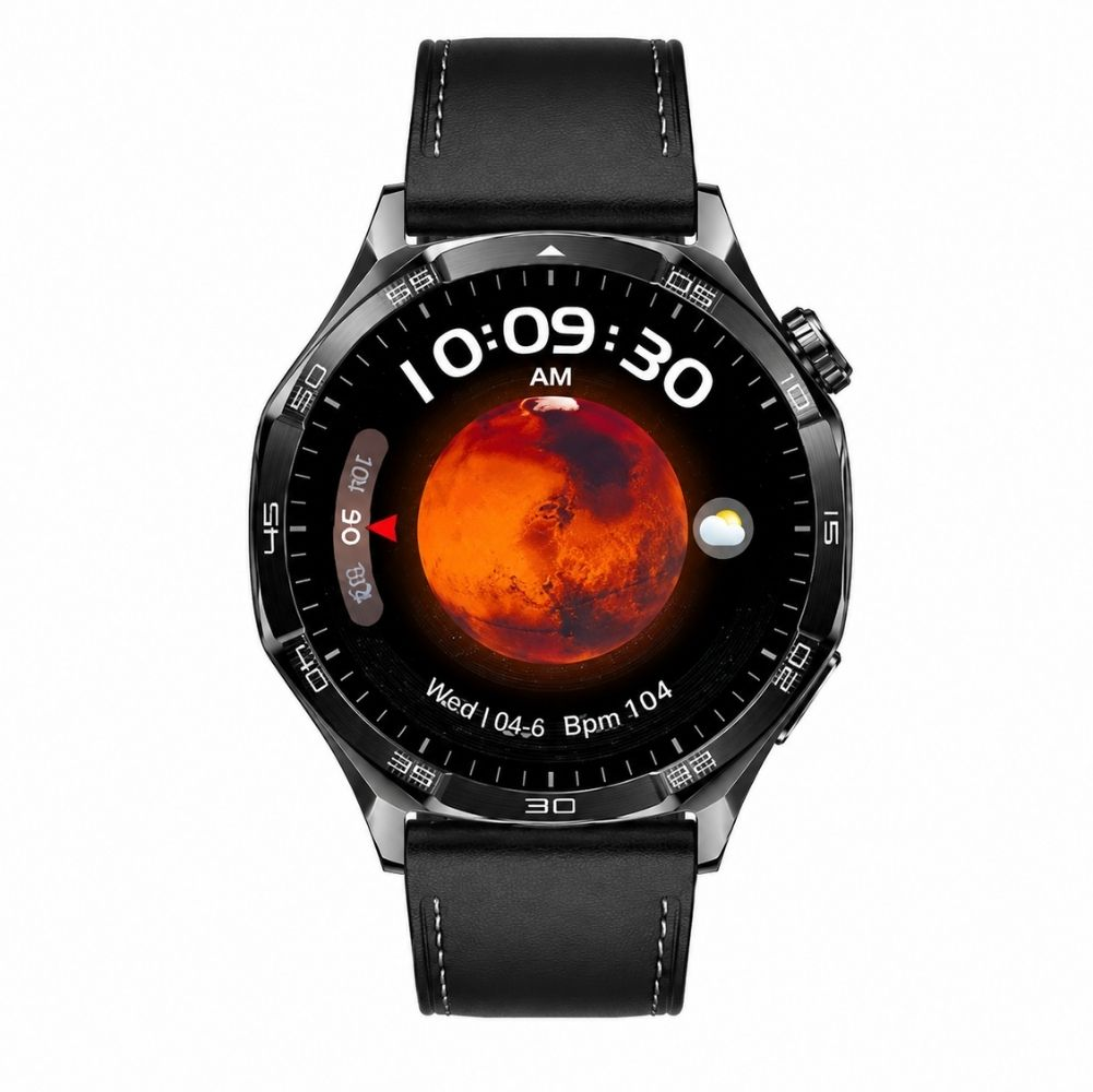 Siyah akıllı saat 10:09, Mars, hava durumu ve kalp atış hızını gösteriyor.