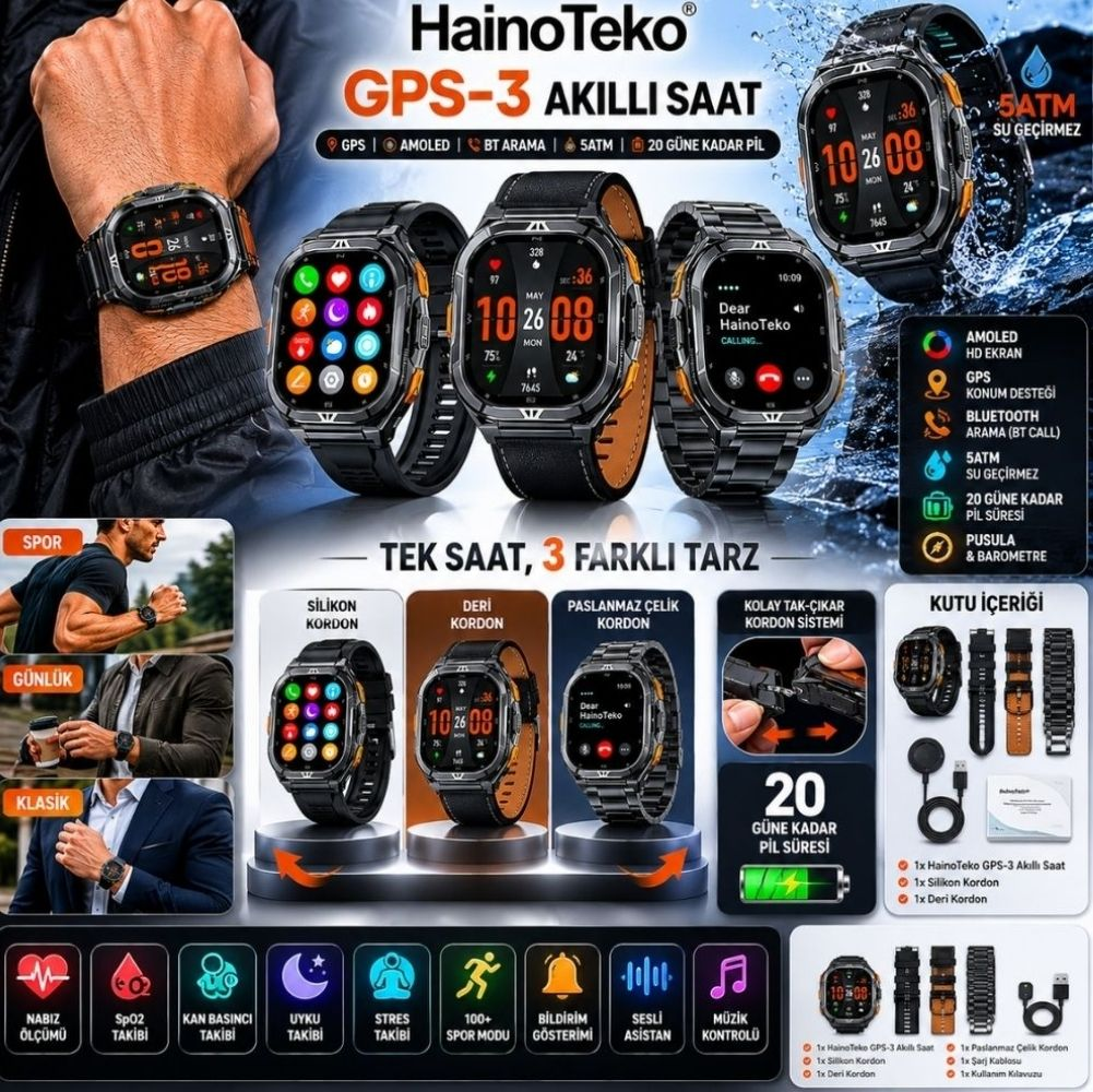 HainoTeko GPS-3 Akıllı Saat 3 kordon: silikon, deri, çelik. Su geçirmez.