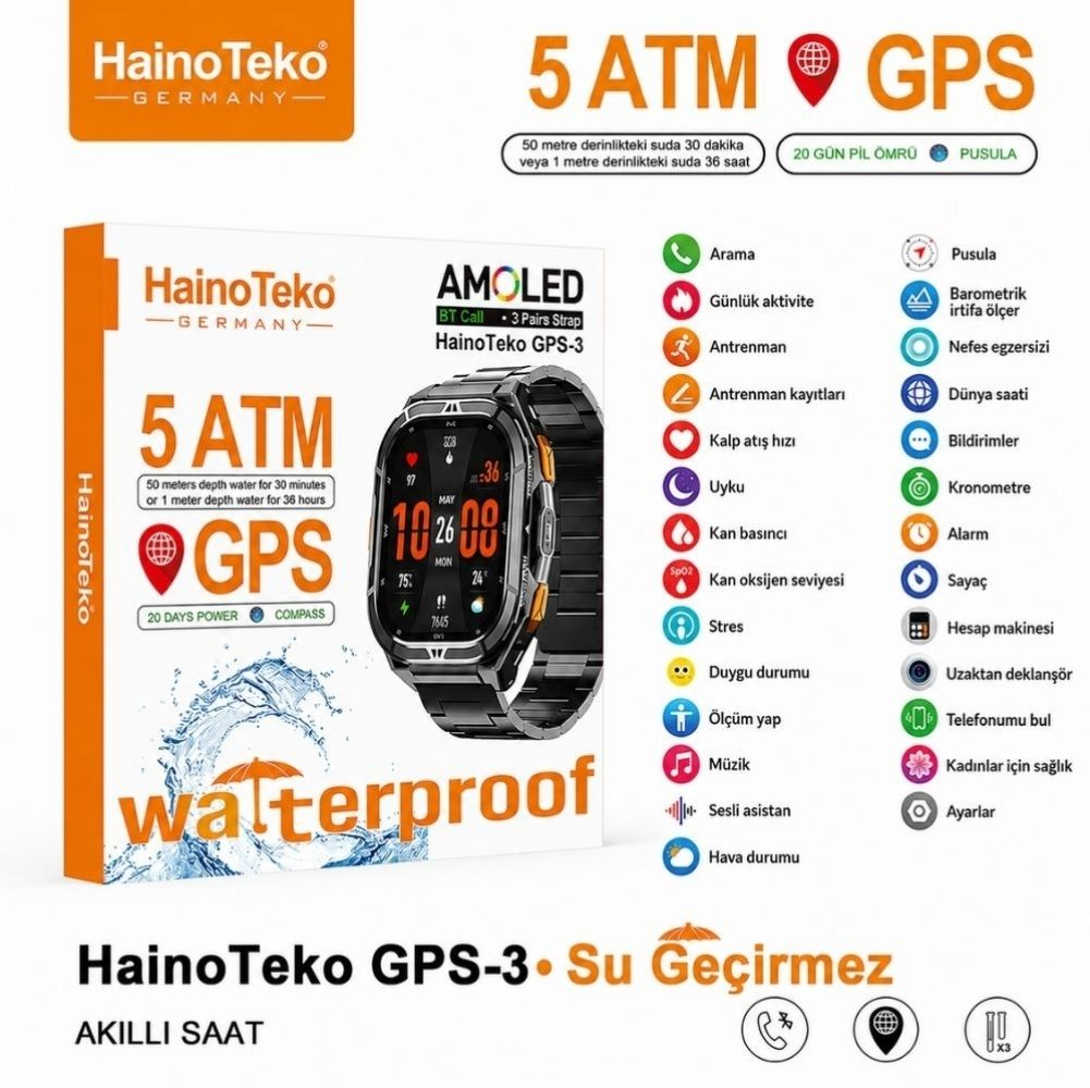 Haino Teko GPS-3 Akıllı Saat: AMOLED, 5 ATM su geçirmez, 20 gün pil, GPS, pusula.