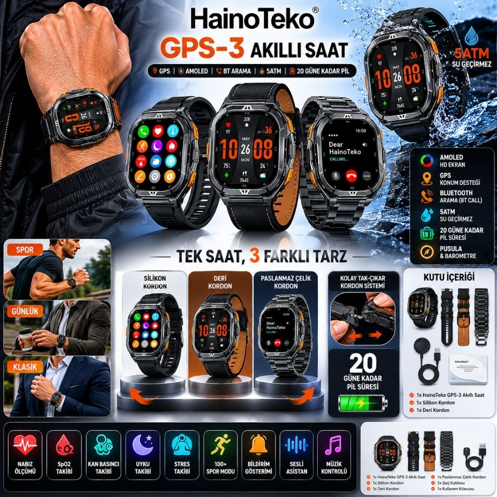 HainoTeko GPS-3 Akıllı Saat: AMOLED ekran, GPS, 5ATM, 20 gün pil. Farklı kordonlar.