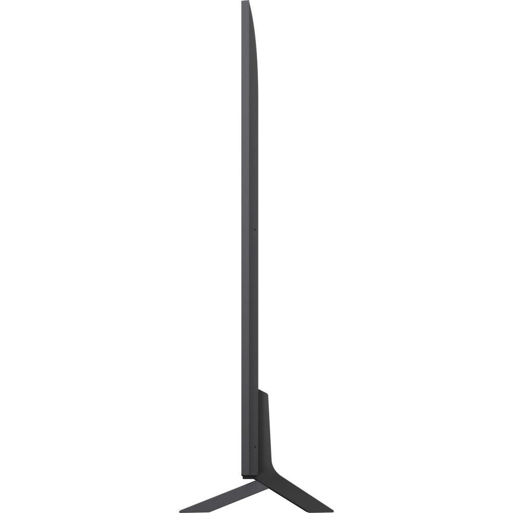 Ein schlanker, dunkler Fernseher mit Standfuß, von der Seite gesehen.