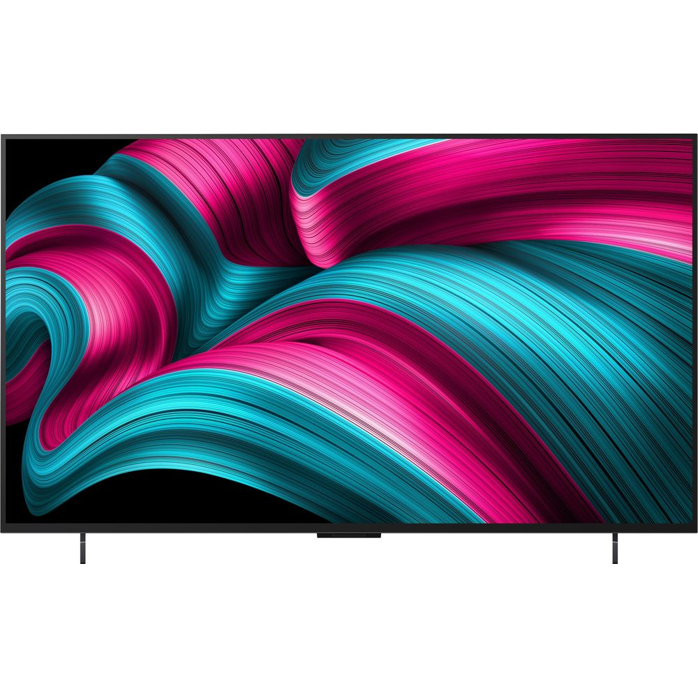 Un televisore nero con uno sfondo astratto di vortici rosa e turchesi.