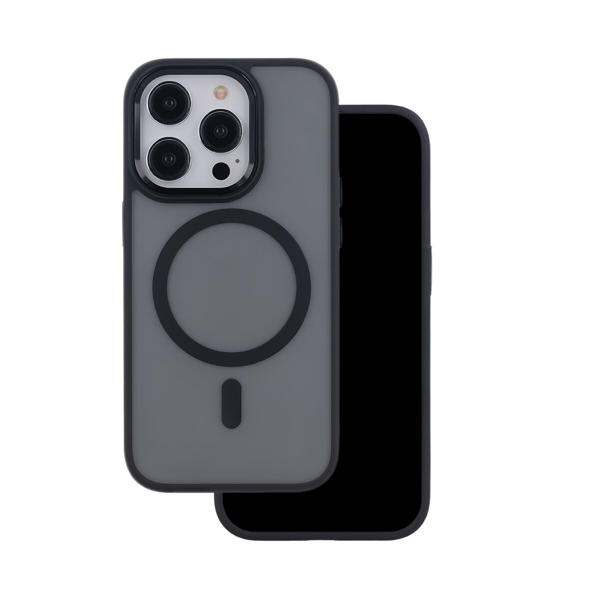 Graue Handyhülle mit Kameramodul und Magnetring auf schwarzem Handy.