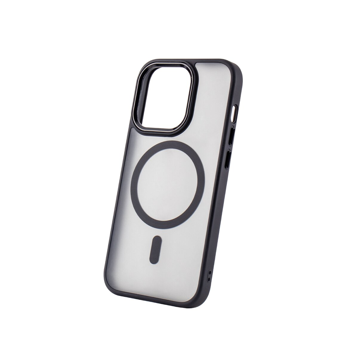 Ein transparenter Handyhülle mit schwarzem Rand und magnetischem Kreis.