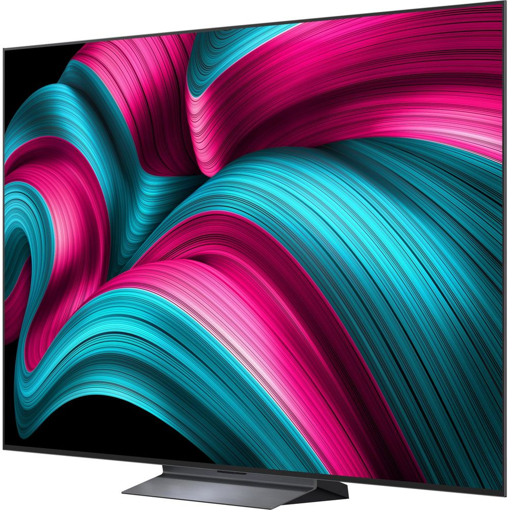 Un téléviseur moderne affichant une image abstraite et fluide rose et turquoise.