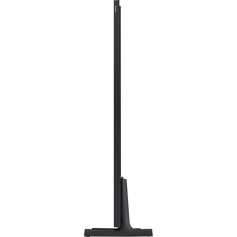TV Samsung nero di profilo con cornice sottile e supporto.