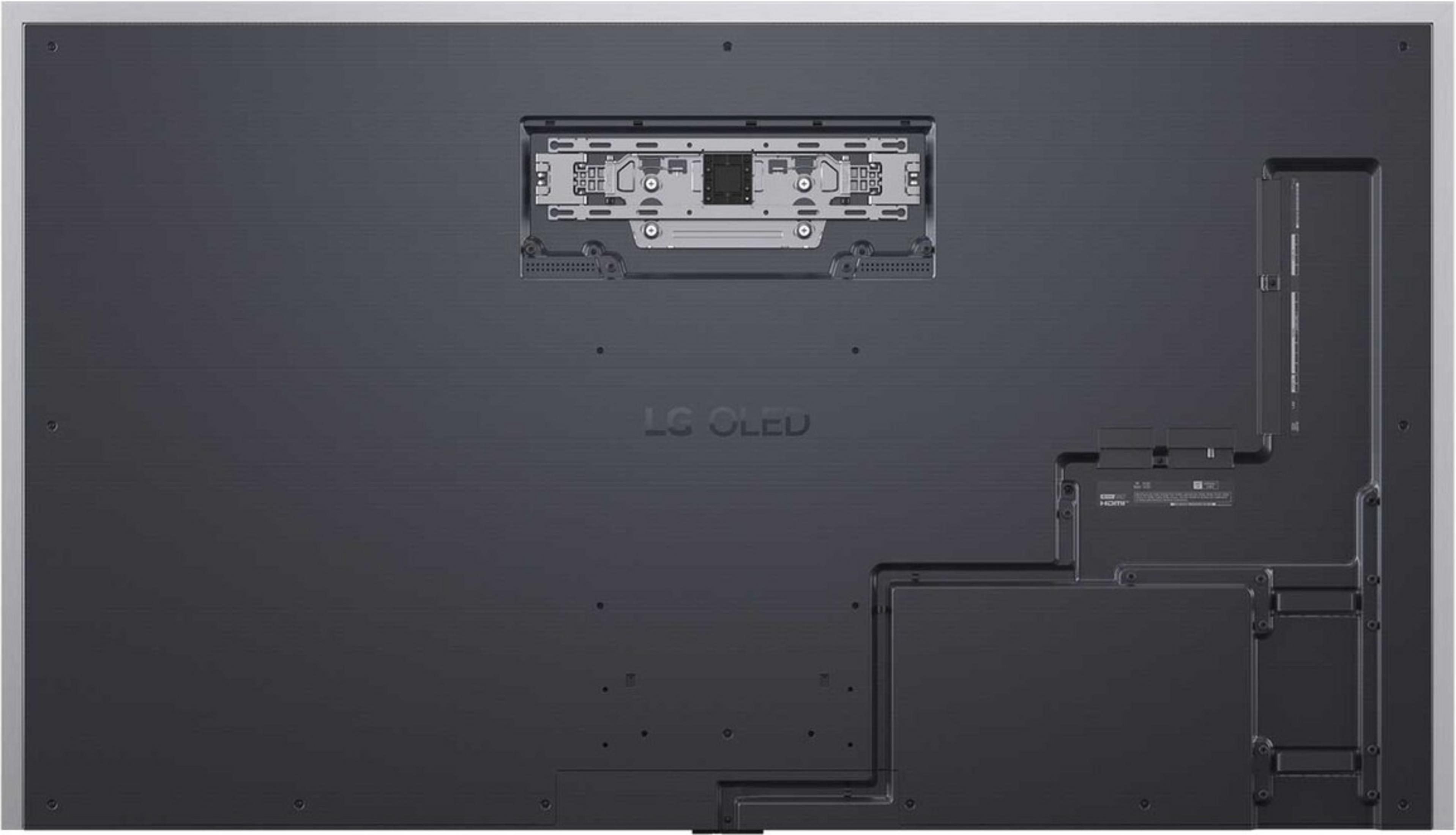 Arrière d'un téléviseur LG OLED montrant les ports et un support de montage.
