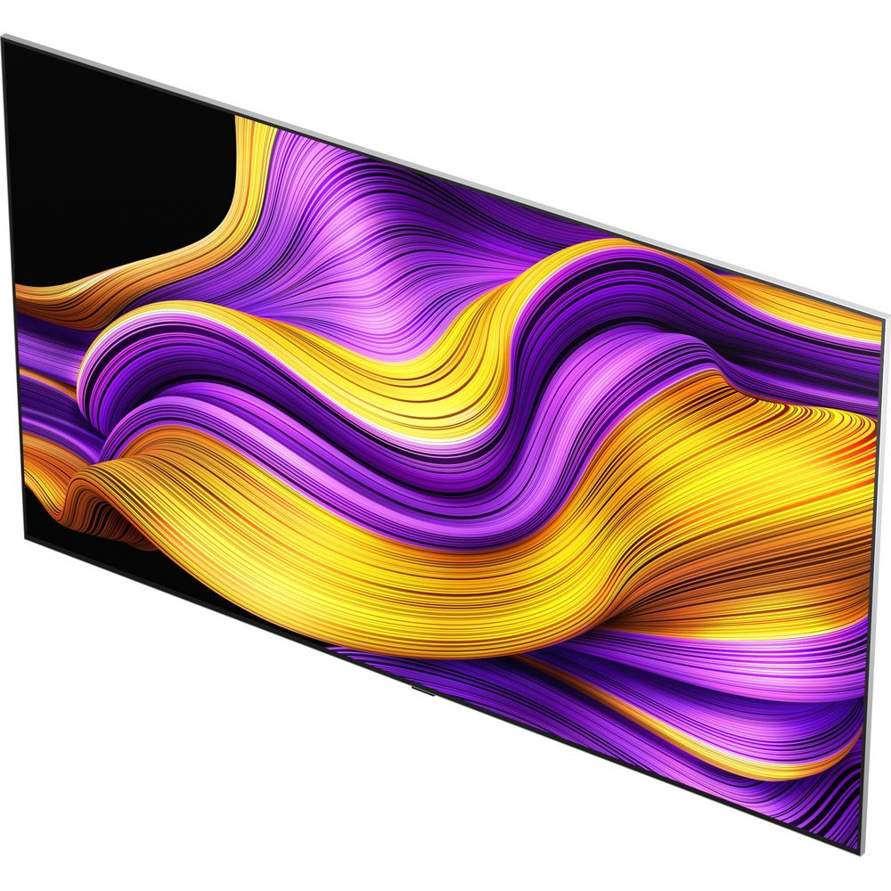 Une télévision moderne affichant un motif abstrait ondulé violet et jaune à l'écran.