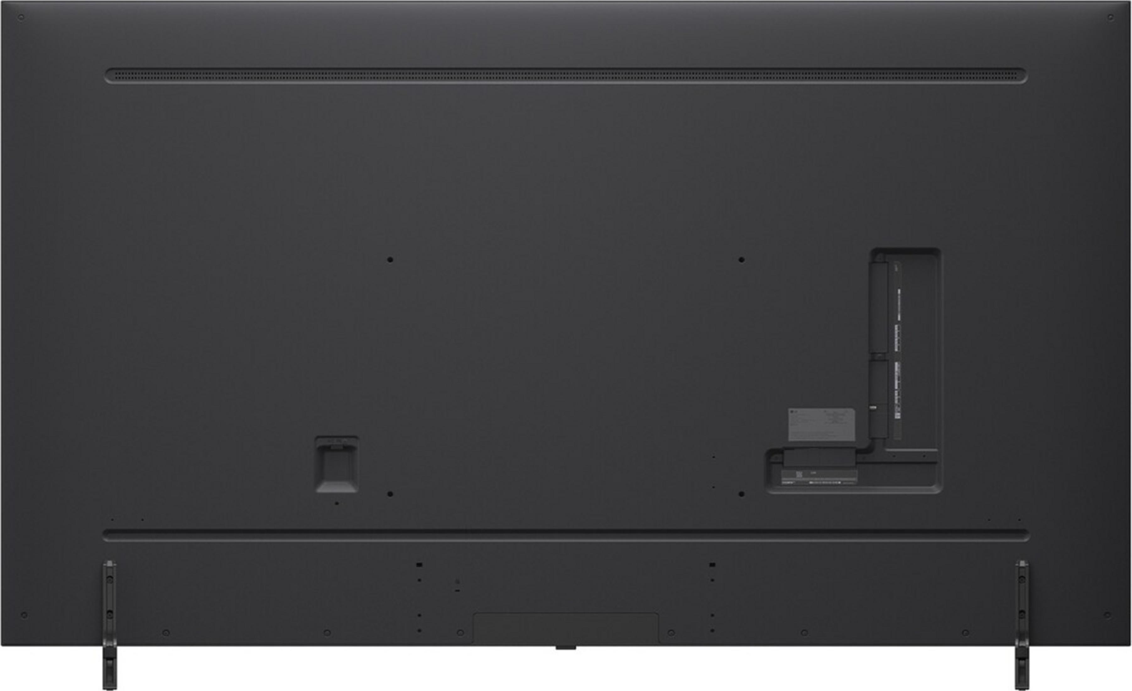 Vue arrière d'un grand téléviseur noir avec ports et pieds.