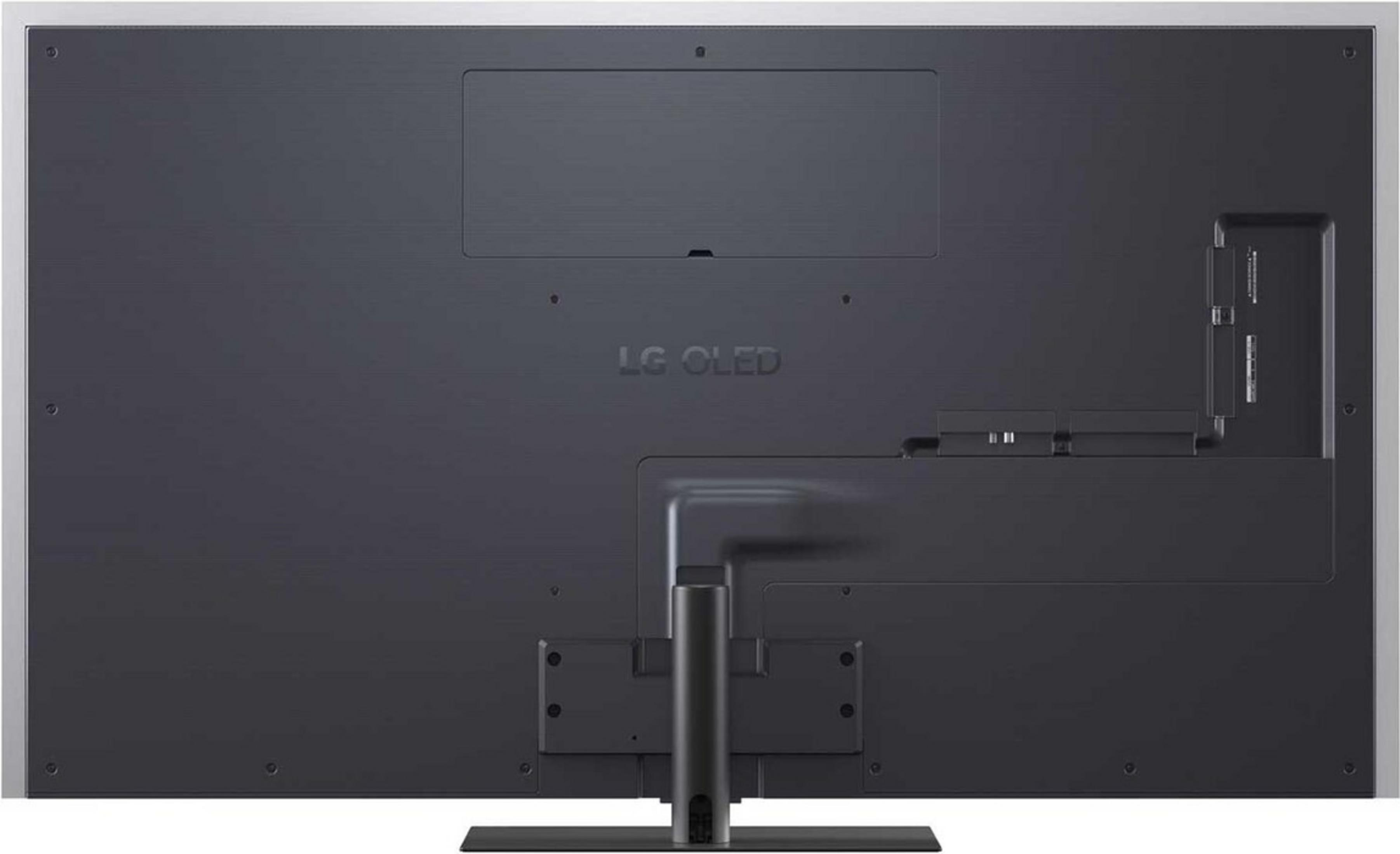 Rückseite eines schwarzen LG OLED Fernsehers mit Standfuß und Anschlüssen.