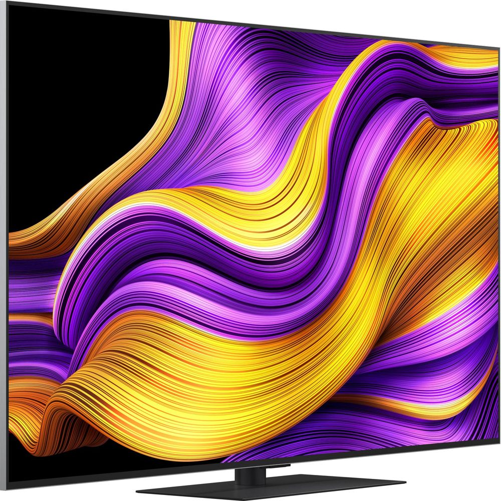 Ein moderner Fernseher mit einem lebendigen, abstrakten Hintergrund in Lila und Gelb.