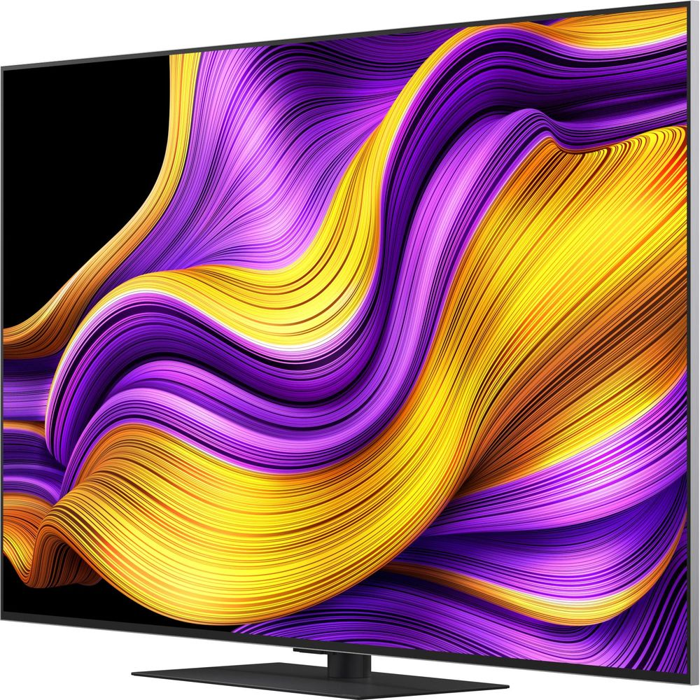 Ein moderner Fernseher zeigt ein lebendiges abstraktes Muster aus wirbelnden lila und gelben Linien.