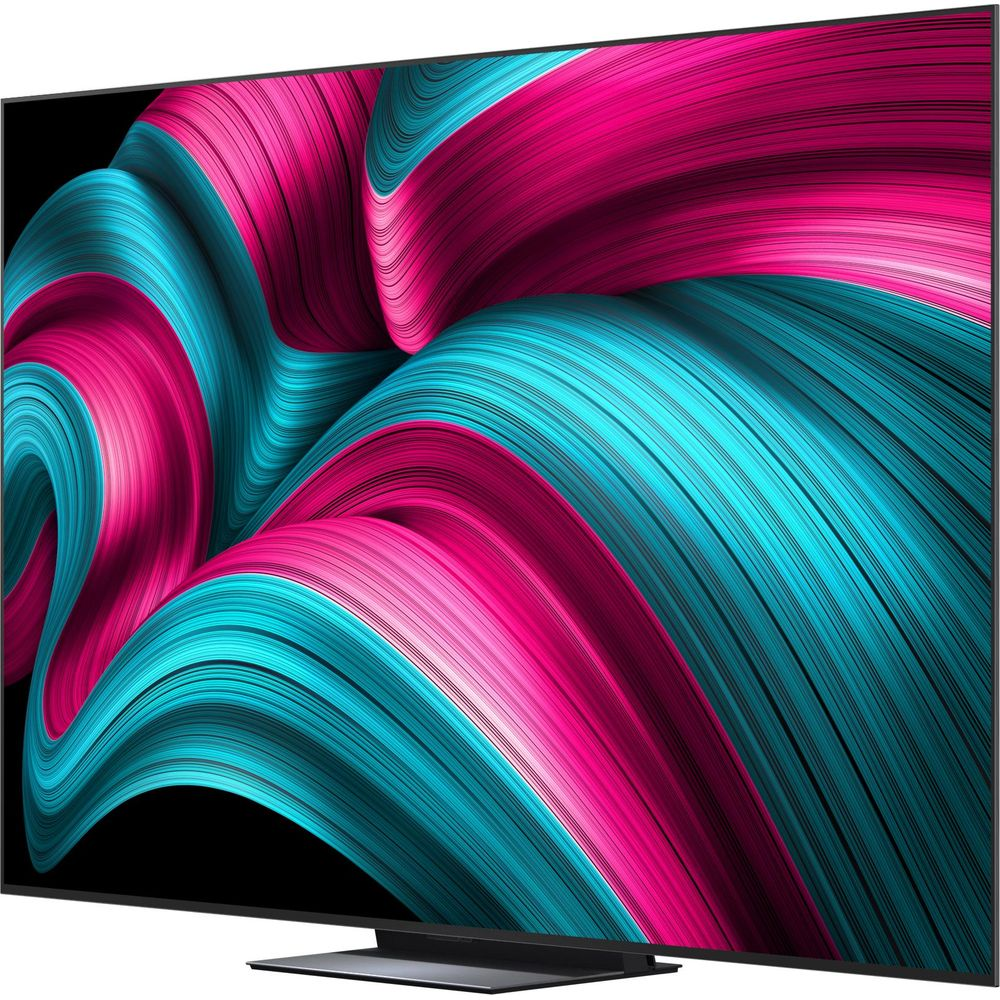 Un téléviseur moderne affichant un motif abstrait tourbillonnant de rose et de turquoise sur son écran.