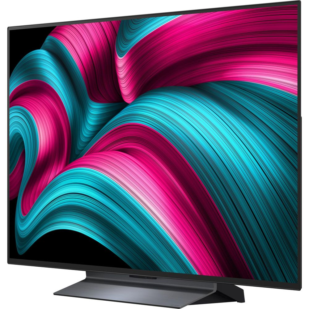 Ein moderner Fernseher mit einem abstrakten, wirbelnden Muster aus pinken und türkisfarbenen Streifen.