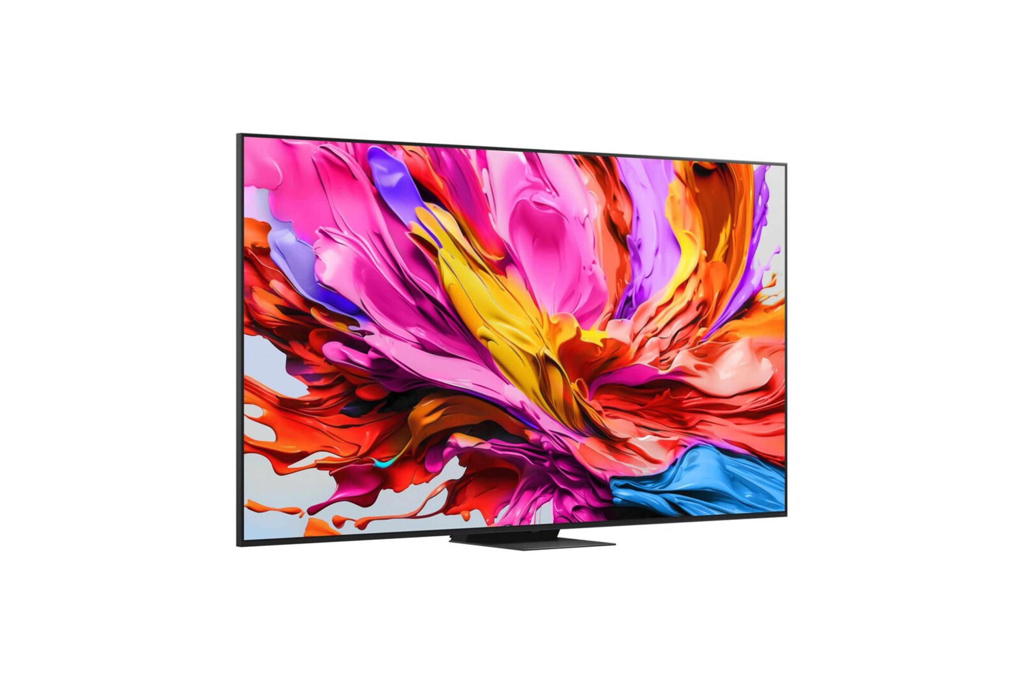 Un téléviseur moderne affichant une image abstraite et vibrante aux couleurs rose, orange et bleu.