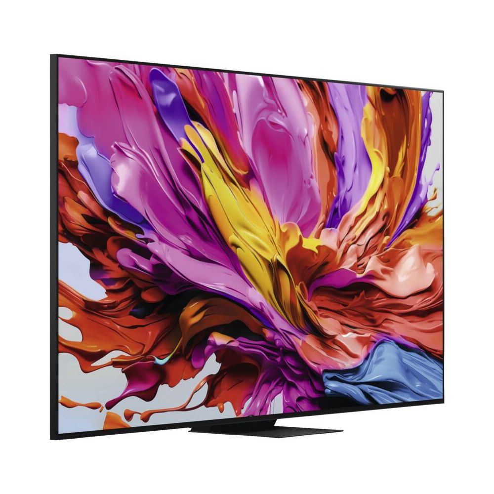 Une télévision moderne affichant un économiseur d'écran abstrait et vibrant. Des couleurs violettes, jaunes, oranges et bleues sont visibles.