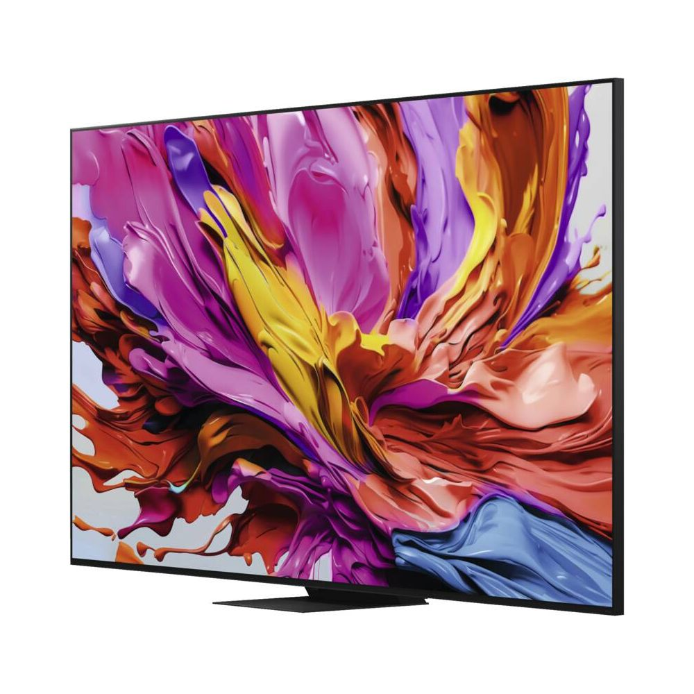 Une télévision moderne affiche une image abstraite de couleurs tourbillonnantes.