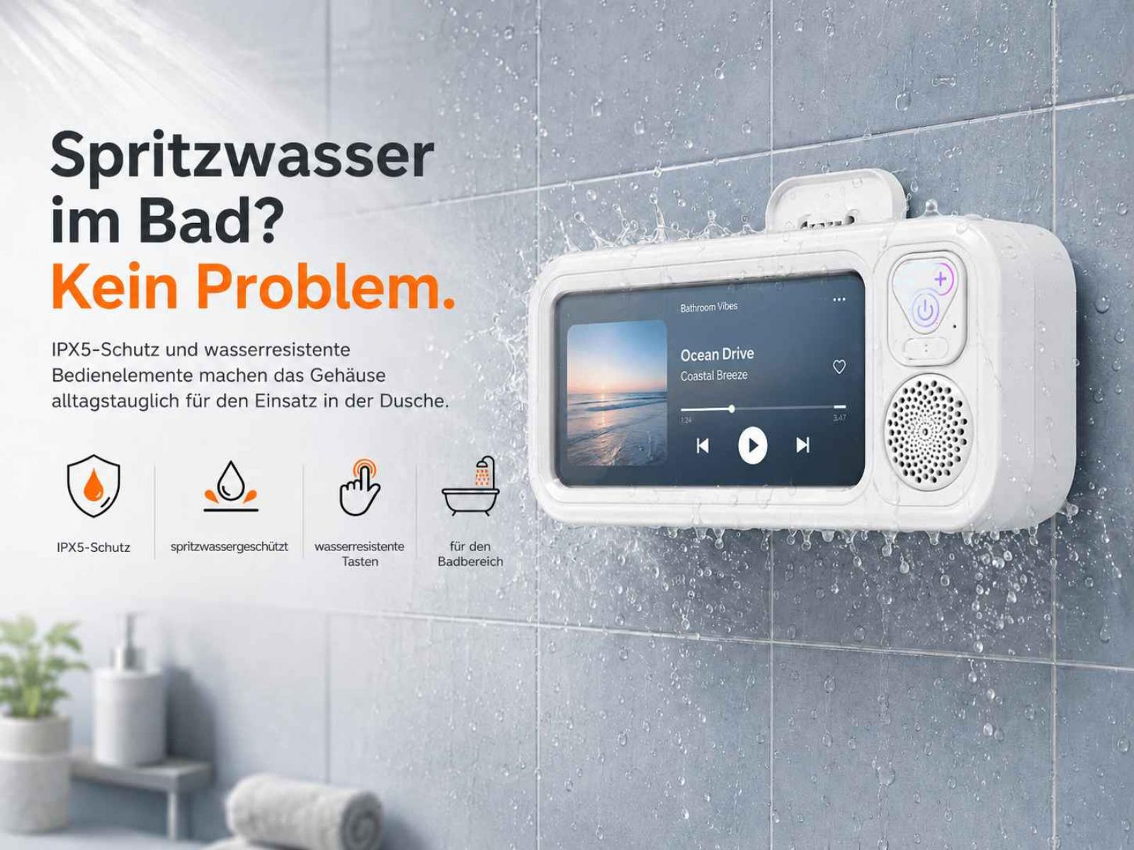 Ein wasserdichtes Radio mit Bildschirm spielt Musik in einer Dusche.