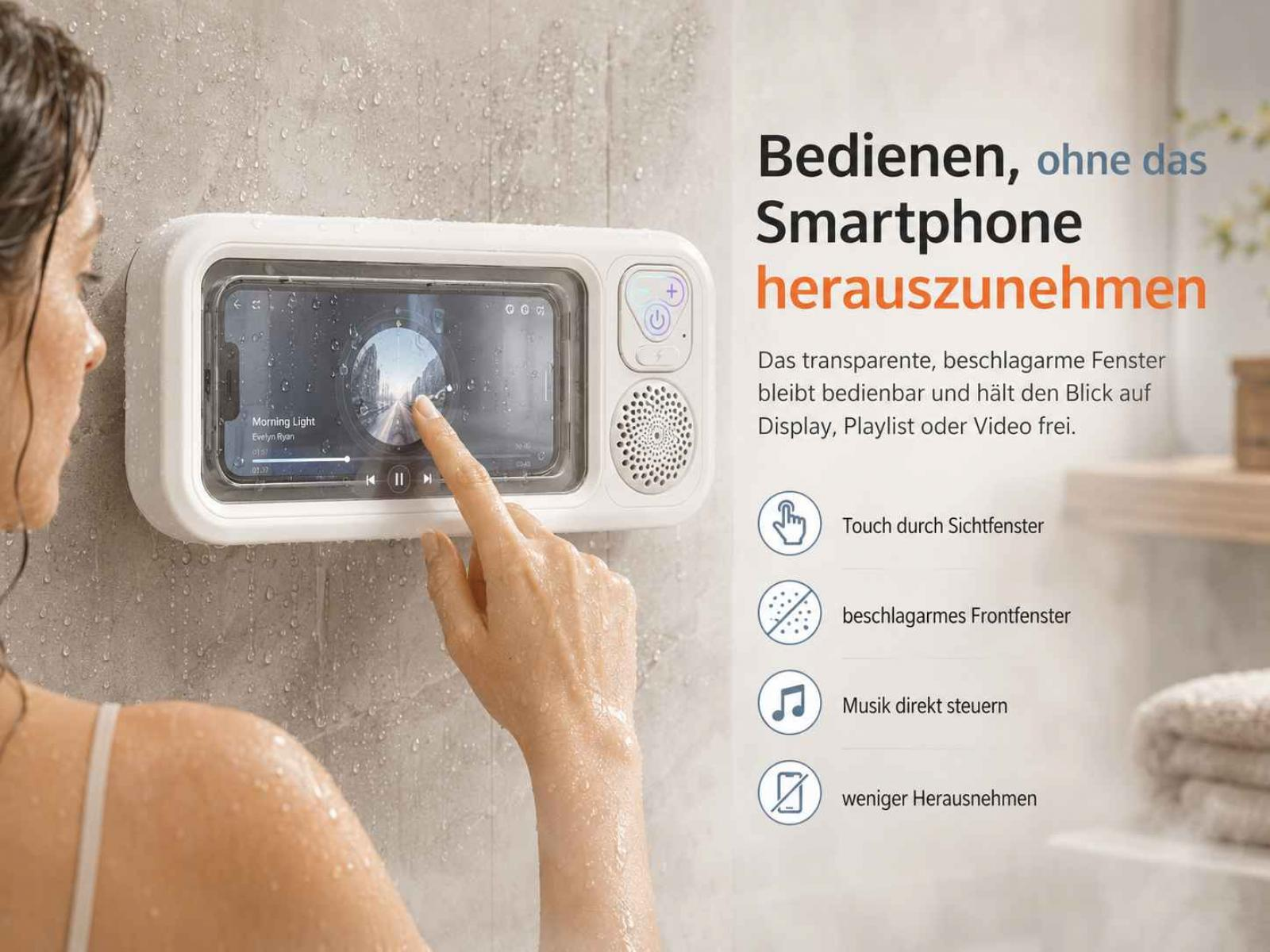 Frau bedient Smartphone in wasserdichtem Gehäuse in der Dusche.