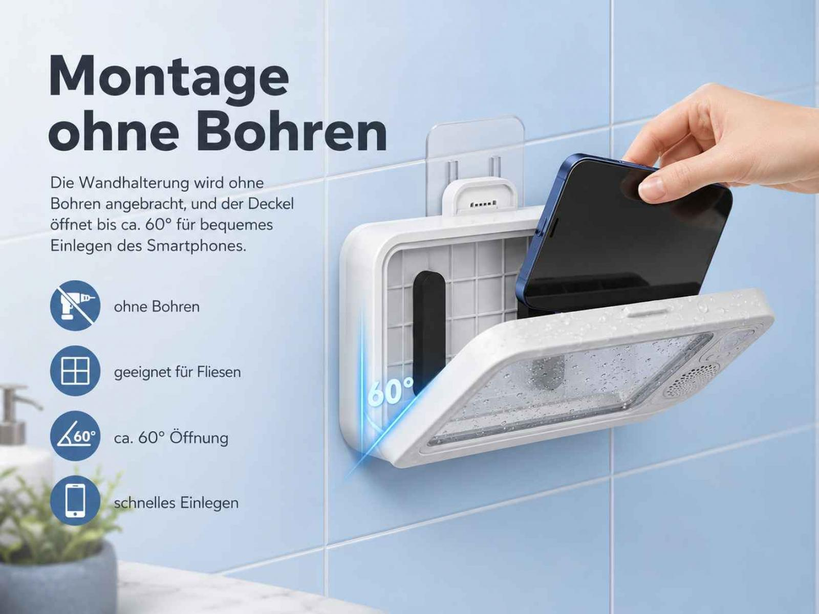 Badezimmer-Handyhalterung ohne Bohren, mit 60° Öffnung für Smartphones.