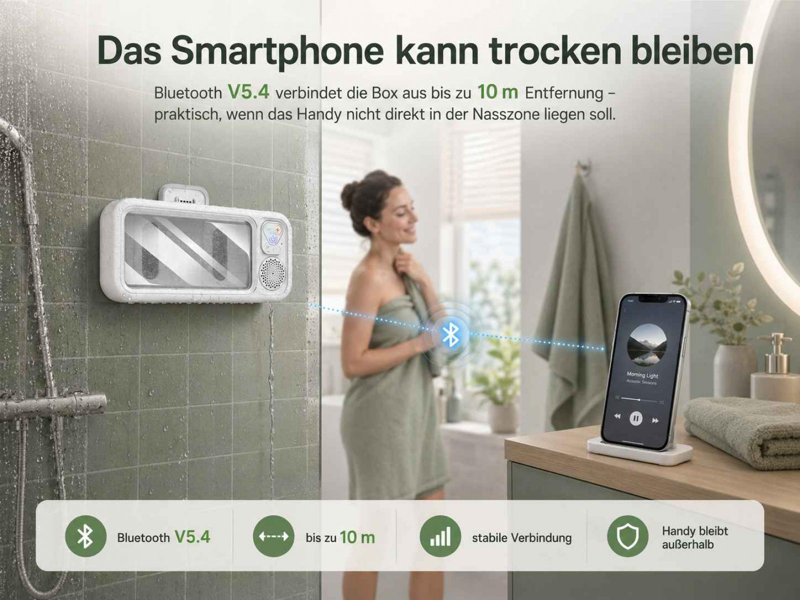 Duschradio mit integrierter Handyhalterung und Bluetooth-Verbindung.