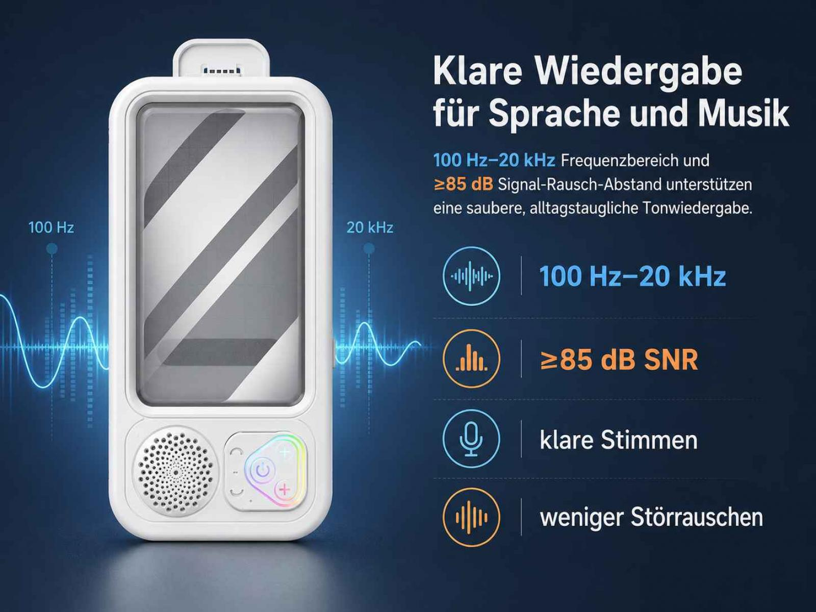 Ein weißes Gerät mit Display, Lautsprecher und Tasten. Text über Klangqualität.