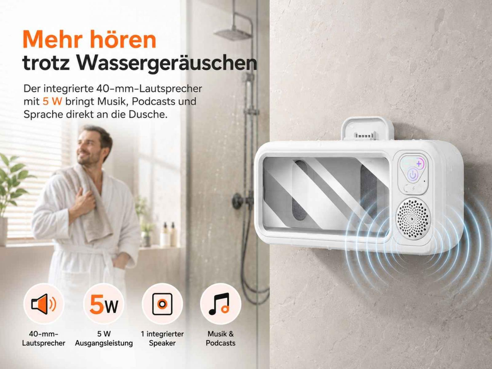 Ein Mann in einem Bademantel steht neben einer weißen, wasserdichten Duschbox mit integriertem Lautsprecher.