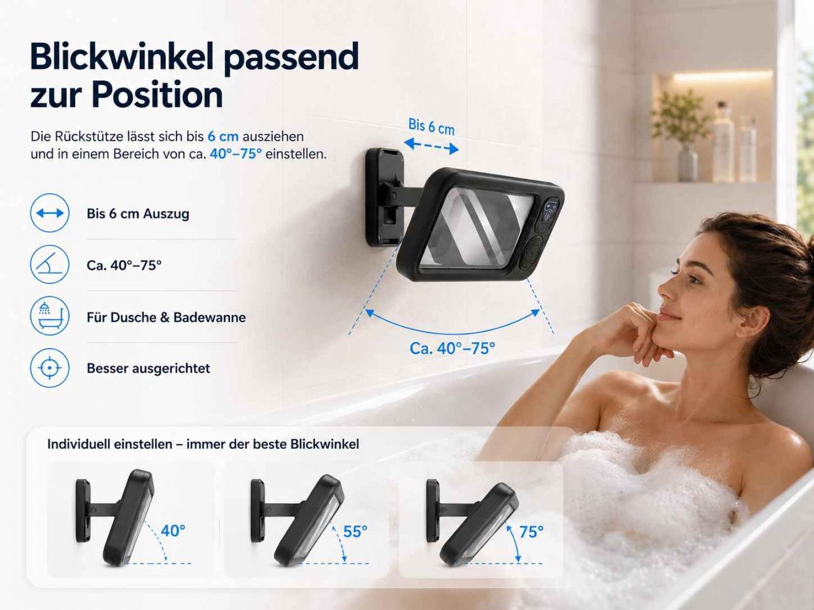 Ein verstellbarer Spiegel an einer Wand neben einer Badewanne, mit Winkelangaben.