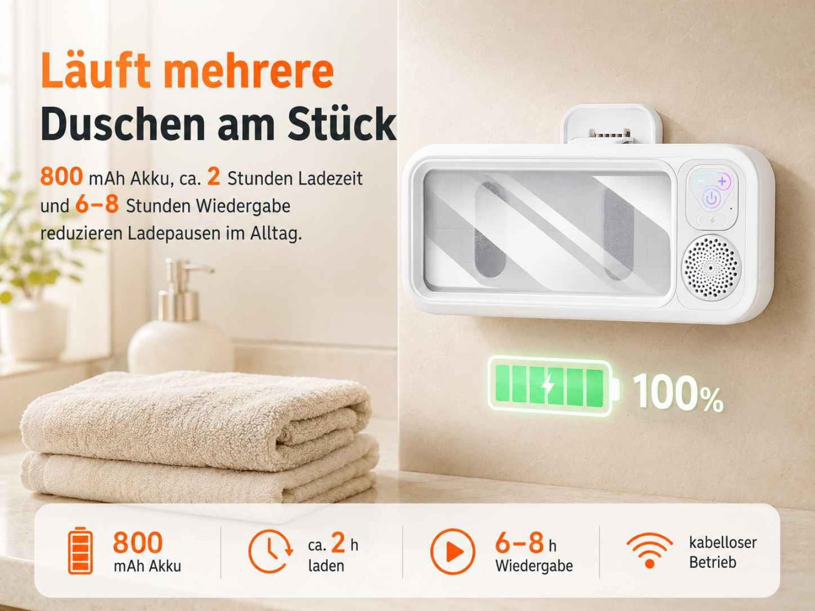 Weiße Duschradio mit Ladeanzeige, Akkuinfos und Handtüchern.