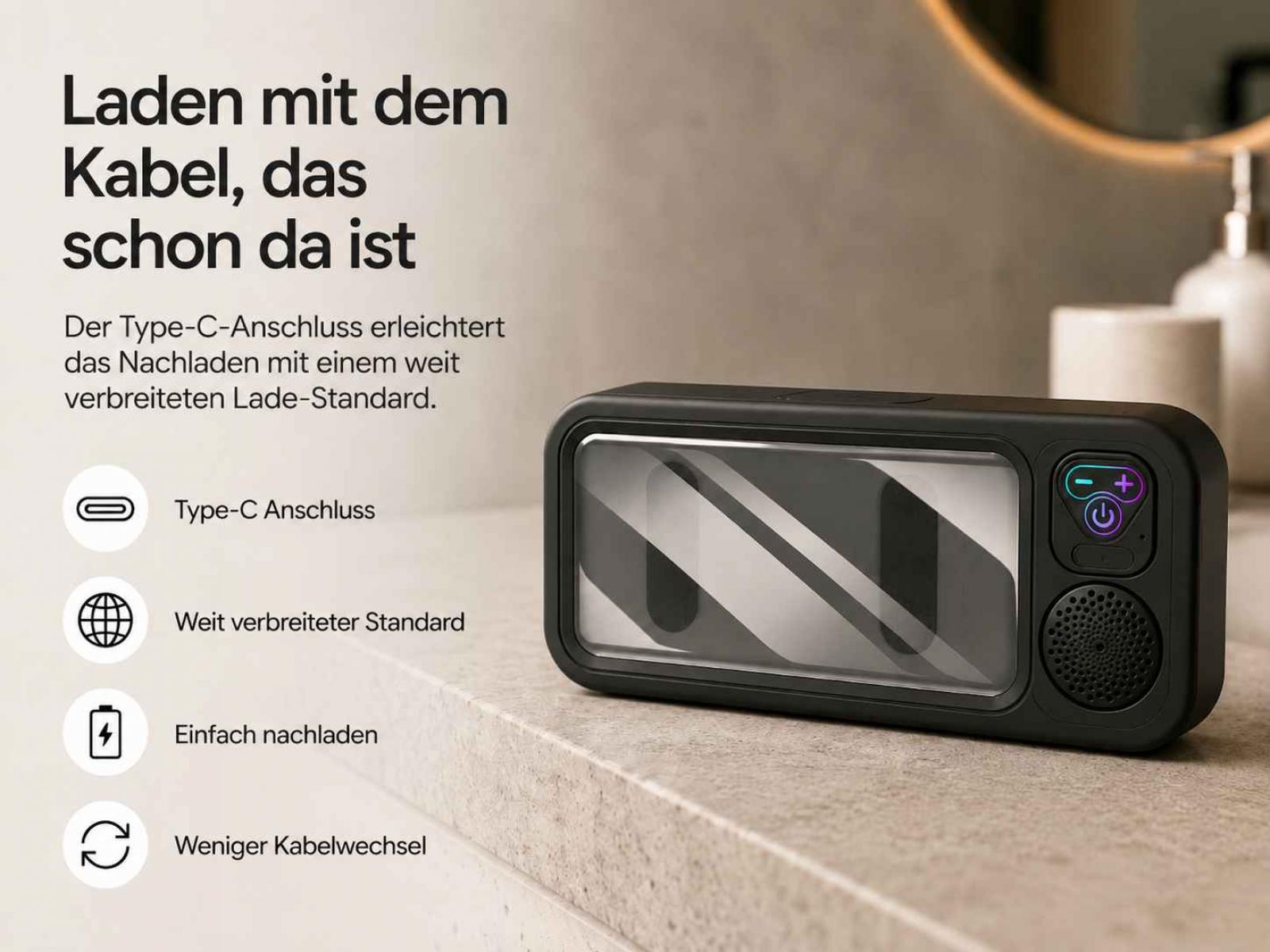 Schwarzes Lade-Gadget mit Type-C-Anschluss auf Steintisch.