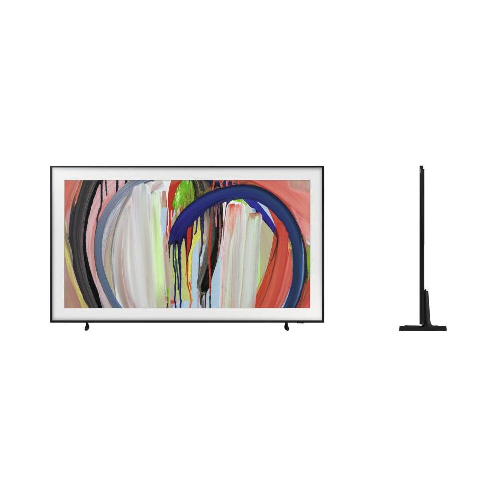 Un téléviseur noir moderne affichant une œuvre d'art abstraite et colorée, présenté avec un pied.