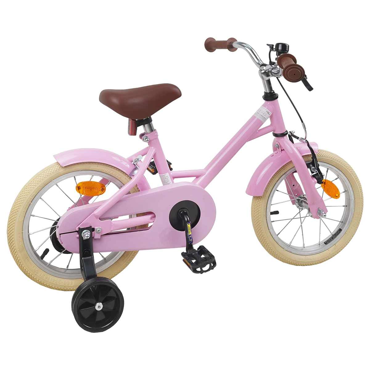 Ein rosafarbenes Kinderfahrrad mit braunem Sattel und Stützrädern.