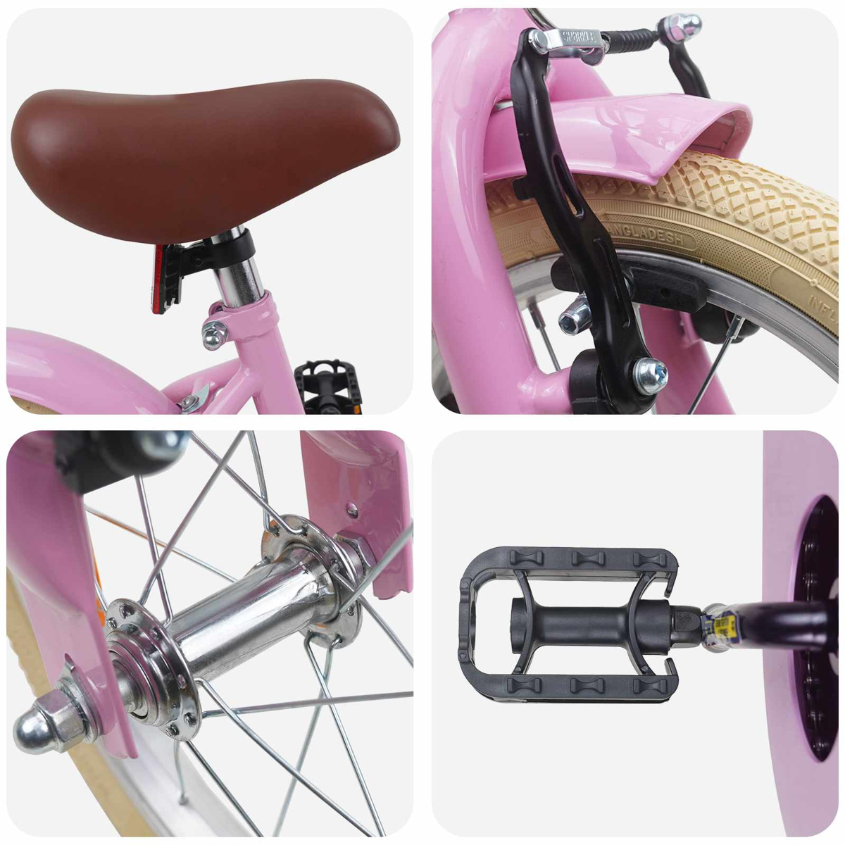 Nahaufnahme eines pinken Kinderfahrrads: Sattel, Bremse, Radnabe und Pedal.