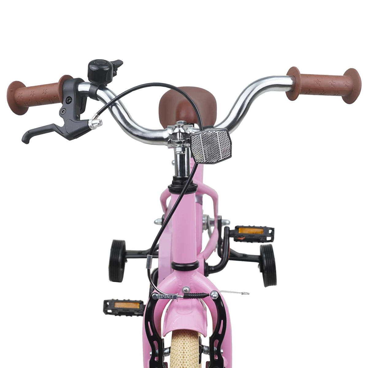 Rosa Kinderfahrrad mit braunen Griffen, braunem Sattel und Stützrädern.