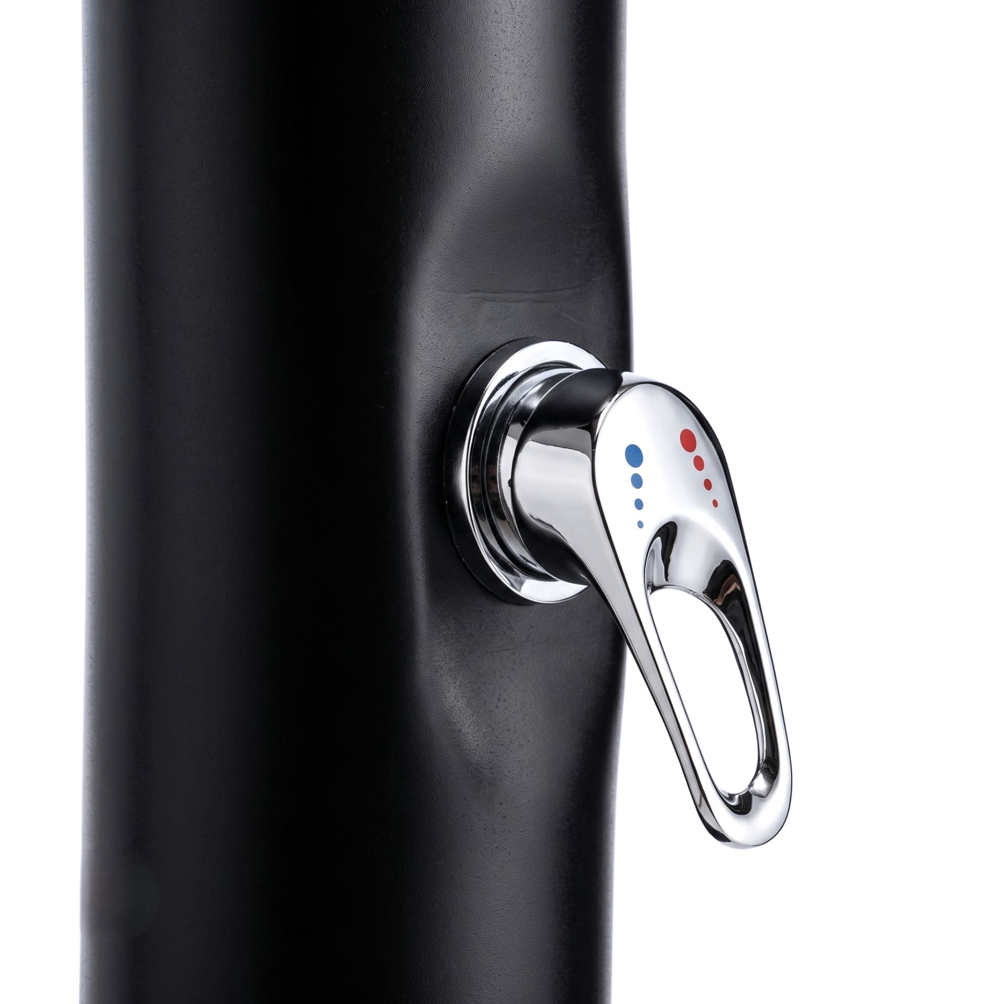 Mando de columna de ducha negro con cromo y puntos azules/rojos.