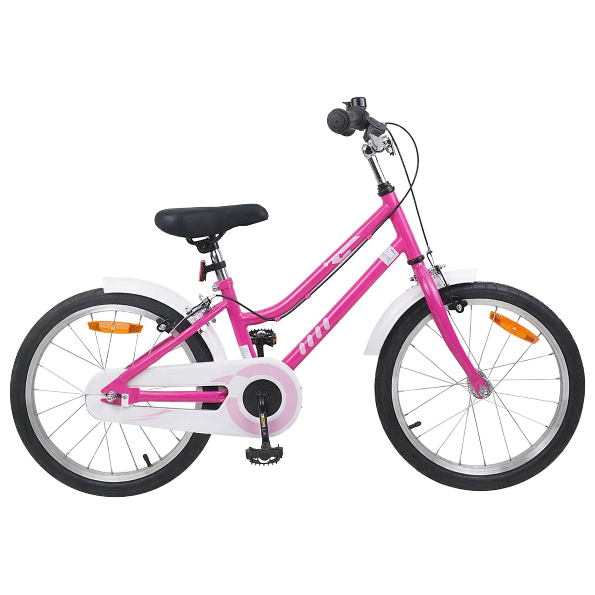 Ein pinkes Kinderfahrrad mit weißen Schutzblechen und schwarzem Sattel.