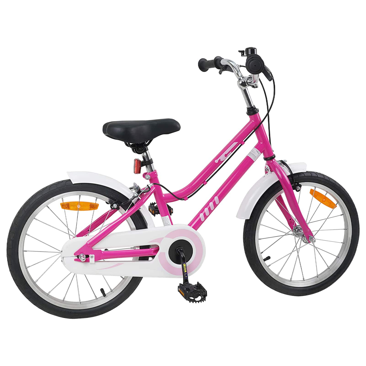 Ein pinkes Kinderfahrrad mit weißen Schutzblechen und schwarzem Sattel.