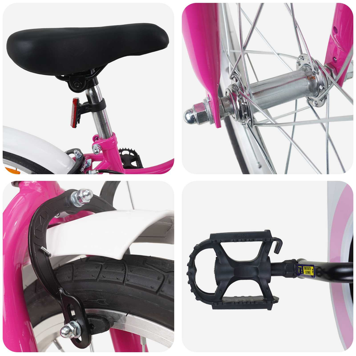 Nahaufnahme eines pinken Kinderfahrrads mit Sattel, Radnabe, Bremse und Pedal.