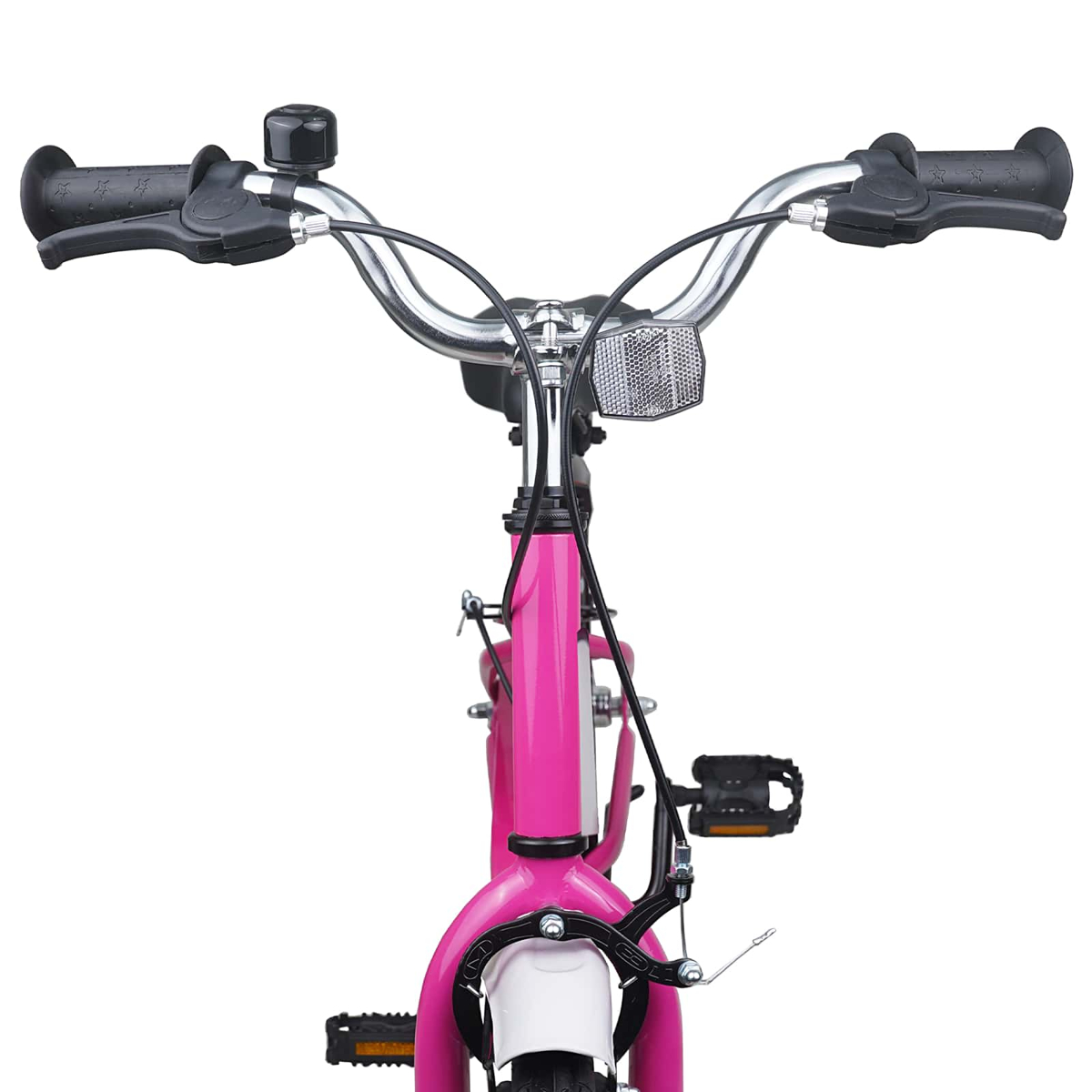 Vorderansicht eines pinken Kinderfahrrads mit Lenker, Klingel, Reflektor und Bremse.