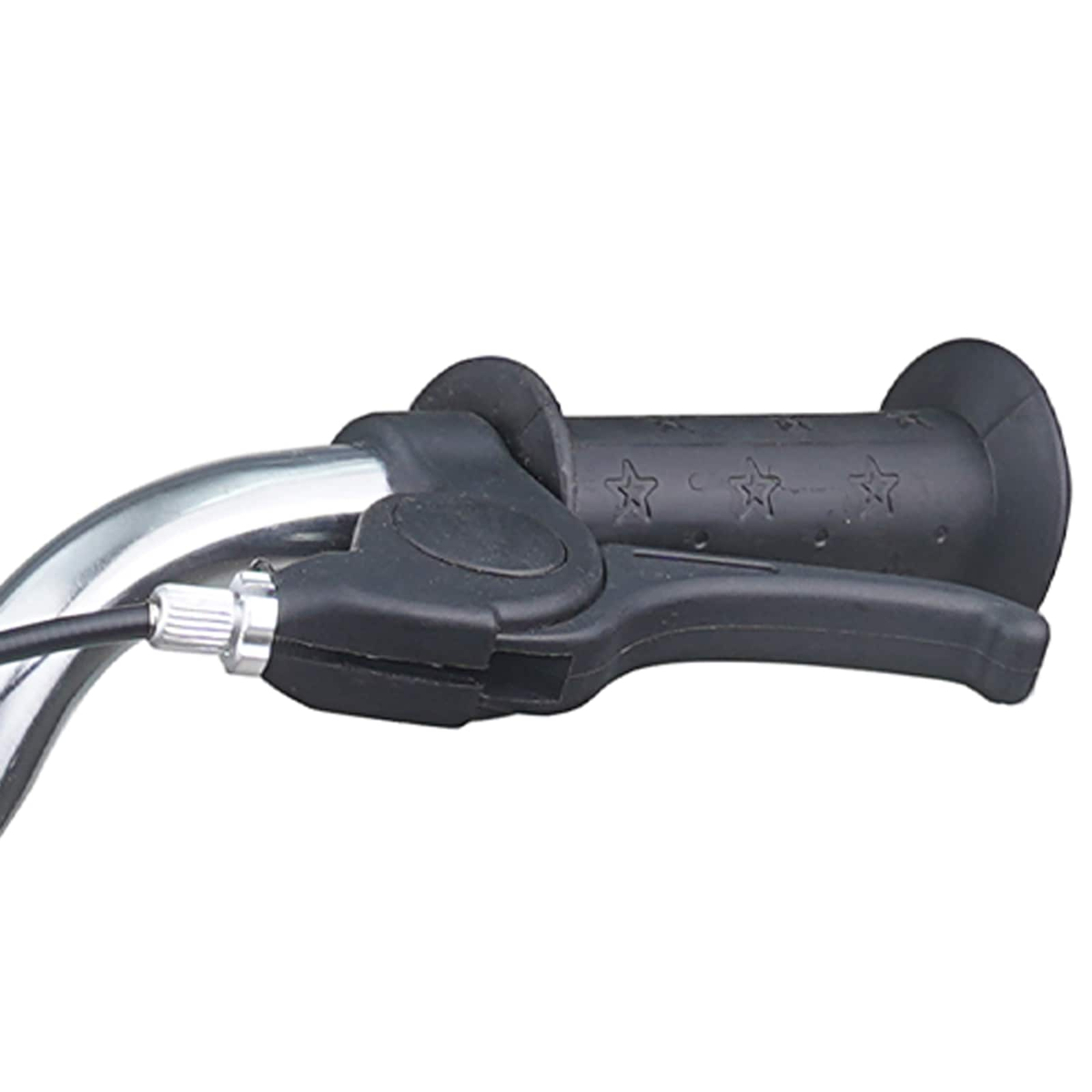 Nahaufnahme eines Fahrradlenkers mit schwarzem Griff und Bremshebel.