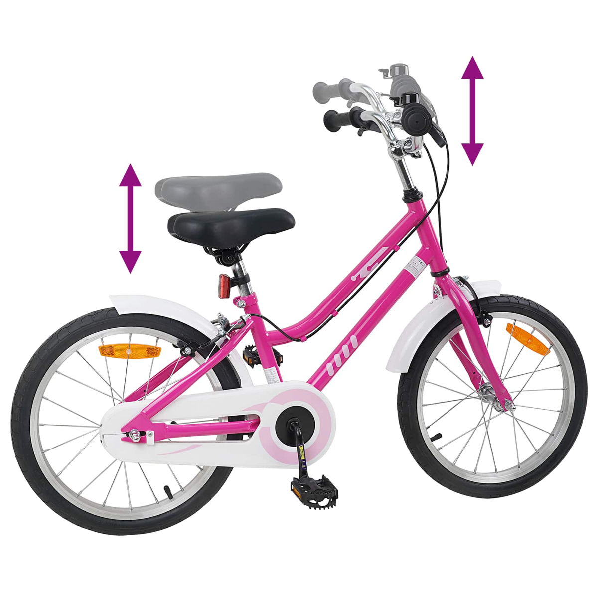 Ein pinkes Kinderfahrrad mit weißen Schutzblechen und verstellbarem Sattel/Lenker.