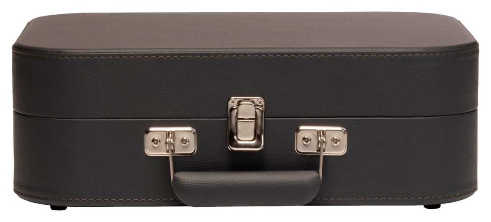 Dark gray suitcase with silver buckles and handle.