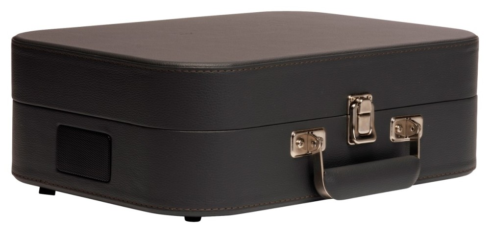 Black suitcase with silver latches and handle. Grille on the side.
