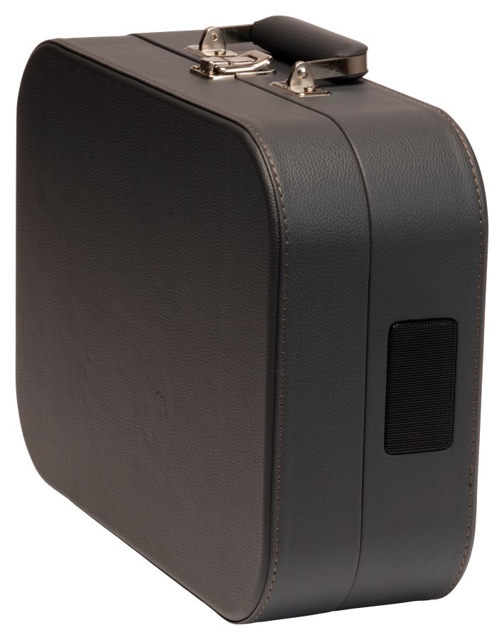 A dark, rectangular suitcase with a handle and metal clasps.