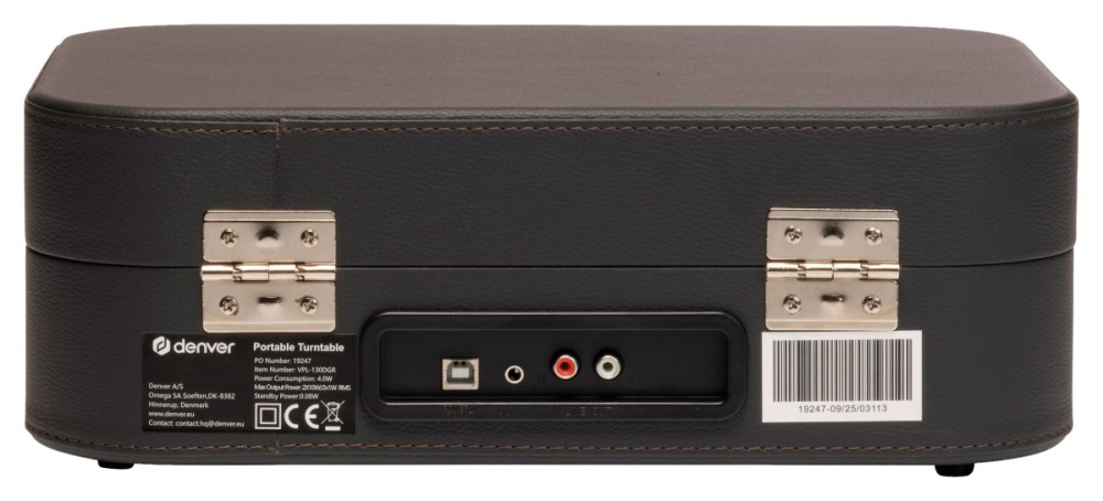 Back of a black portable turntable with USB, RCA inputs, and a barcode.