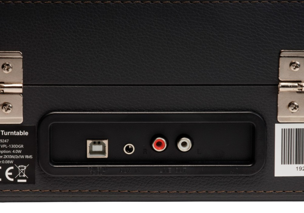 Back of a turntable showing USB, Aux, and Line Out ports.