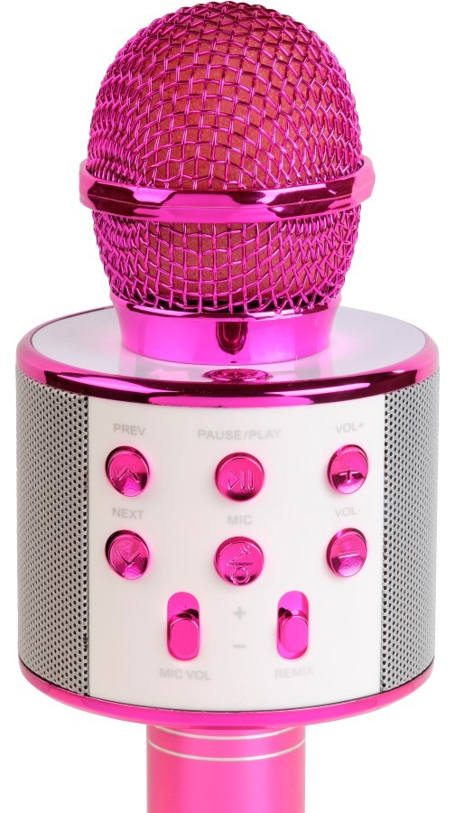 Un microfono rosa con controlli e griglia dell'altoparlante.