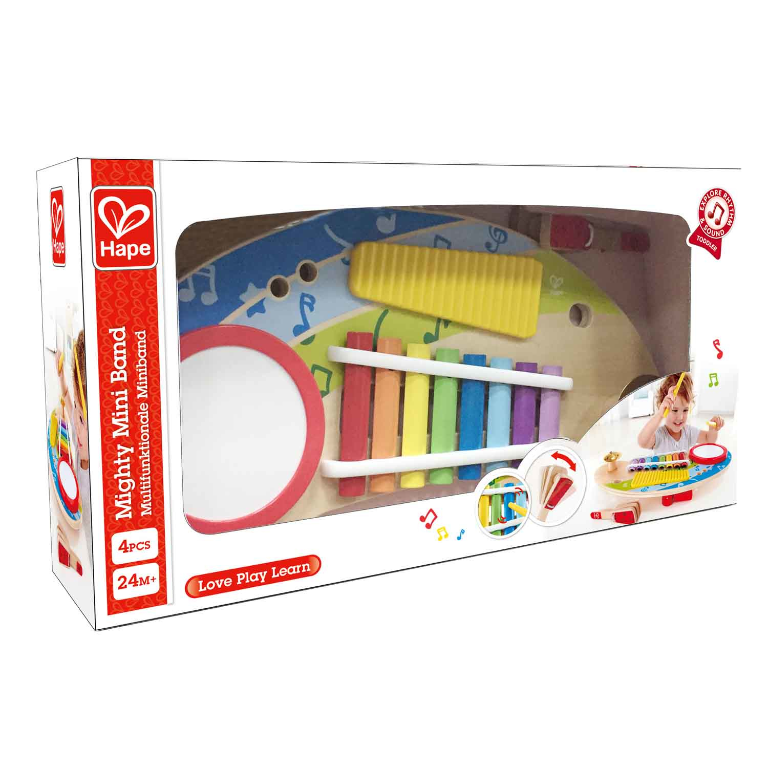 Juguete Hape Mighty Mini Band: xilófono, tambor, xilófono.