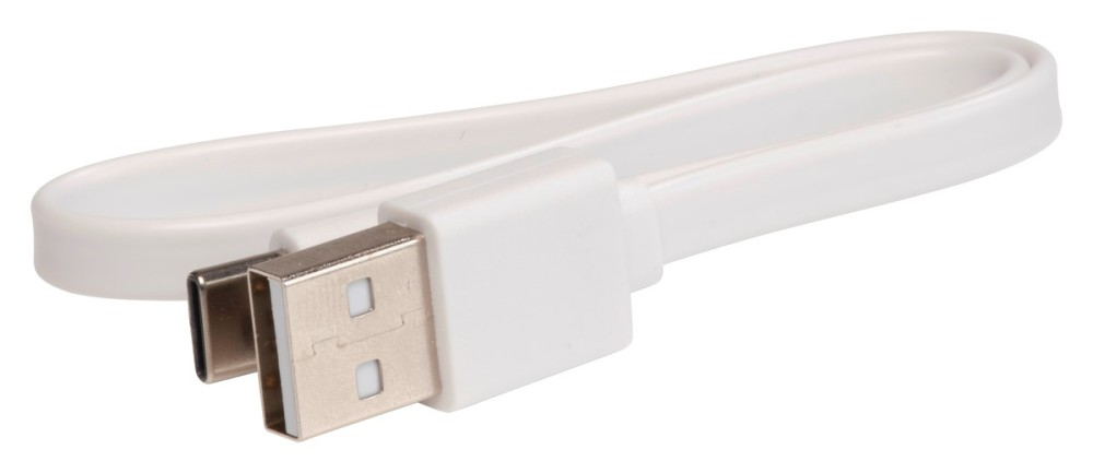 A white USB-C to USB-A cable lies on a white background.